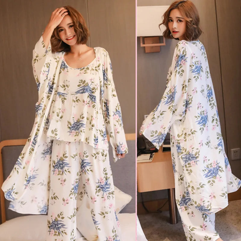 Cotton Kimono Pyjamas 3 Pieces Set Sleeveless Top, Robe and Pants