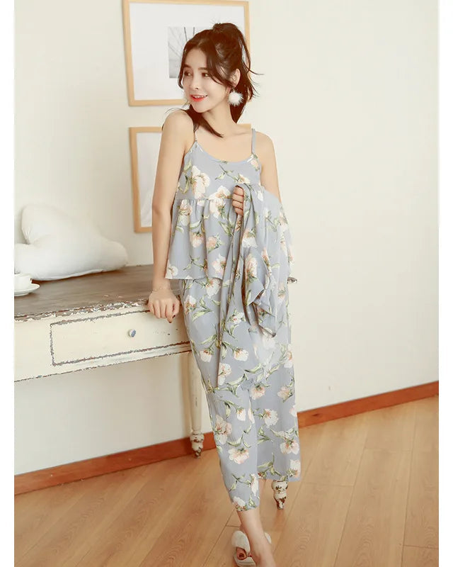 Cotton Kimono Pyjamas 3 Pieces Set Sleeveless Top, Robe and Pants