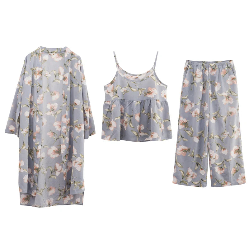 Cotton Kimono Pyjamas 3 Pieces Set Sleeveless Top, Robe and Pants