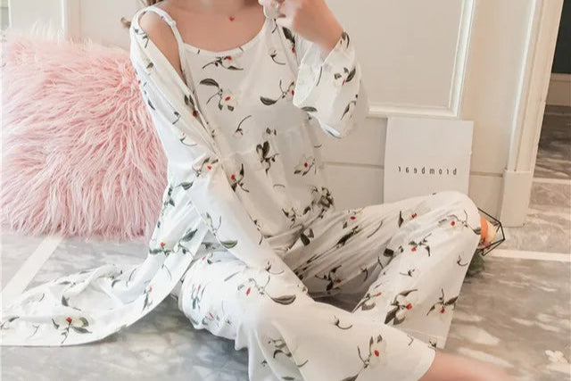 Cotton Kimono Pyjamas 3 Pieces Set Sleeveless Top, Robe and Pants