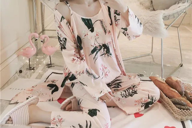 Cotton Kimono Pyjamas 3 Pieces Set Sleeveless Top, Robe and Pants