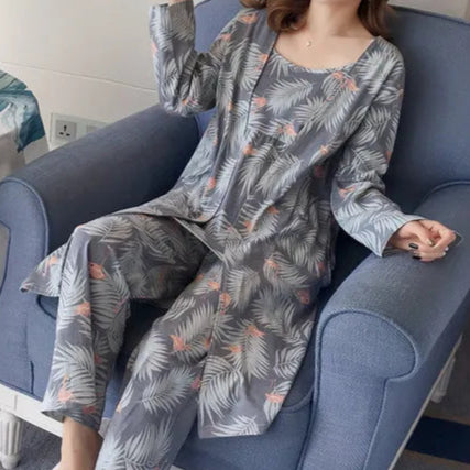 Cotton Kimono Pyjamas 3 Pieces Set Sleeveless Top, Robe and Pants