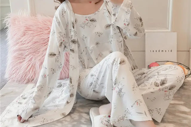 Cotton Kimono Pyjamas 3 Pieces Set Sleeveless Top, Robe and Pants