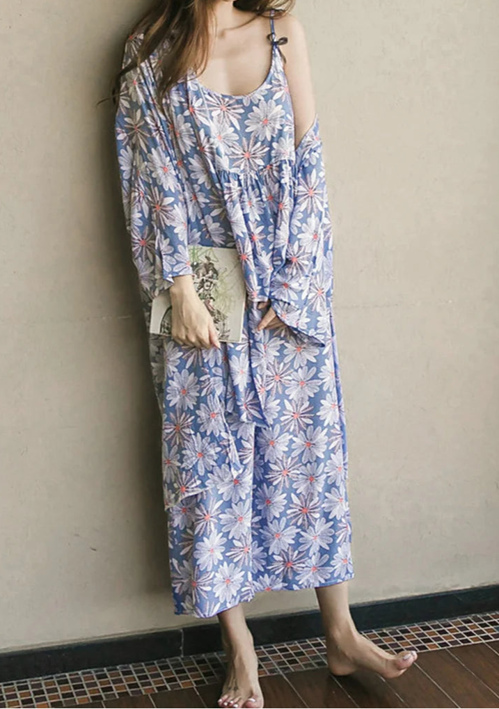 Cotton Kimono Pyjamas 3 Pieces Set Sleeveless Top, Robe and Pants