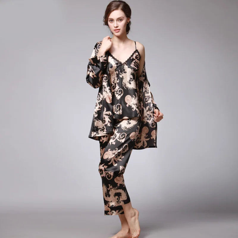 Silk Satin Pyjamas 3 Pieces Set Floral Cami with Robe and Pant