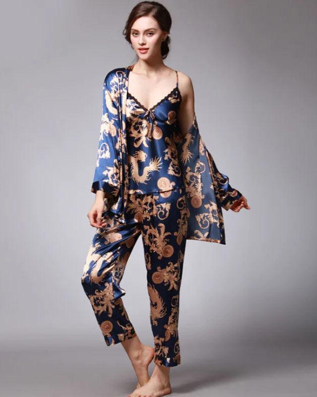 Silk Satin Pyjamas 3 Pieces Set Floral Cami with Robe and Pant