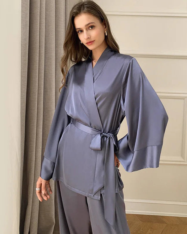 Silk Satin Pyjamas 2 Pieces Set Suit Mujer V Top and Pants